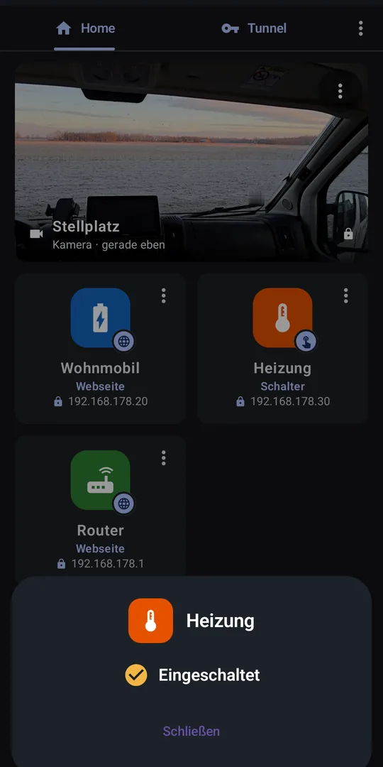 Schalter-Kachel meldet: Heizung eingeschaltet